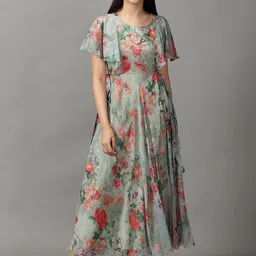 BAESD Floral Print Georgette Flared Sleeves Maxi Dress-36