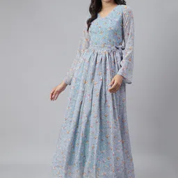 SCORPIUS Blue & Pink Floral Georgette Maxi Dress-image-16