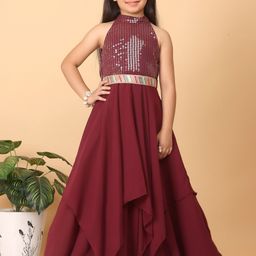 Ethnovog Girls Embellished Choker Neck Layered Georgette Maxi Dress-image-63