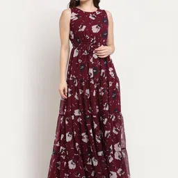 La Zoire Maroon & White Floral Georgette Maxi Dress-image-11