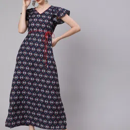 AKS Geometric Printed V-Neck Flutter Sleeve Cotton Maxi Dress-image-5