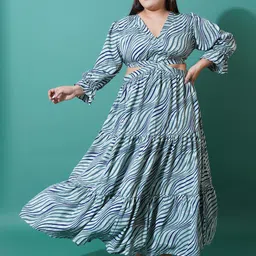 U&F Beyond Plus Size Abstract Printed Bell Sleeves Cut-Outs Fit and Flare Maxi Dress-34