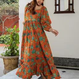 Janasya Floral Printed Puff Sleeve Cotton Maxi Dress-image-84