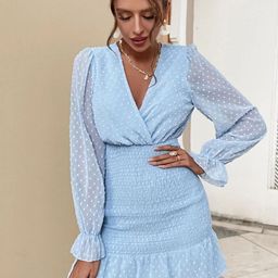 Stylecast X Slyck Self Design V-Neck Puff Sleeve Smocked Schiffli A-Line Dress-image-98