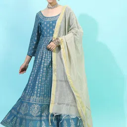 Vishudh Teal Ethnic Motifs Ethnic Maxi Dress-image-14