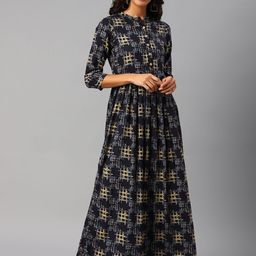 Cottinfab Navy Blue & Beige A-Line Maxi Dress-image-92