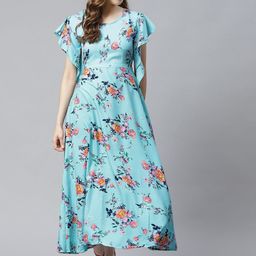 Sasimo Women Blue & Orange Floral Maxi Dress-image-4