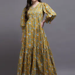 KALINI Women Mustard Yellow Floral V-Neck Maxi Dress-image-83
