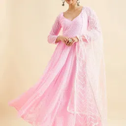 PANIT Chikankari Embroidered Georgette Fit And Flare Maxi Ethnic Dress With Dupatta-image-71