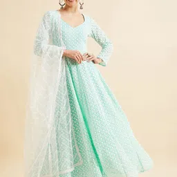 PANIT Chikankari Embroidered Georgette Fit And Flare Maxi Ethnic Dress With Dupatta-58