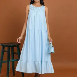 Vishudh Blue Floral Embroidered Sleeveless Maxi Dress-image-22