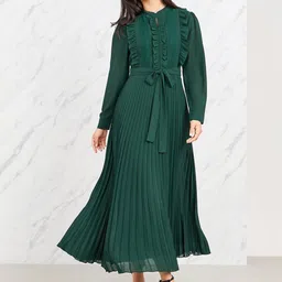 Styli Women Pleated A-Line Maxi Dress with Lace Insert-image-43