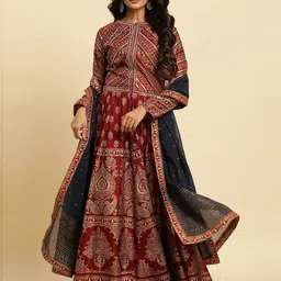 WISHFUL Ethnic Motifs Printed Sequinned Fit & Flare Maxi Dress With Dupatta-21