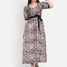 TILISM Abstract Printed Puff Sleeves Belted Satin A-Line Midi Dress-picture-30