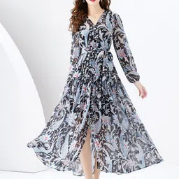 JC Collection Floral Printed V-Neck Shirt Fit and Flare Midi Dress-image-76