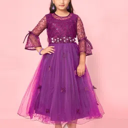 Muhuratam Girls Embellished Net Bell Sleeve Party Dress-image-26