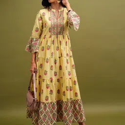 Vishudh Yellow Floral Printed Mandrain Collar Bell Sleeves Fit and Flare Midi Dress-33