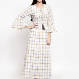 Purple State Checked Bell Sleeves Round Neck Cotton Maxi Dress-image-82