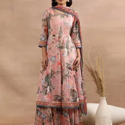 WISHFUL Floral Print Sequined Fit & Flare Ethnic Dress With Dupatta-image-12