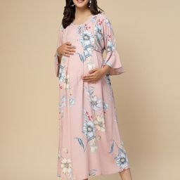 Sweet Dreams Pink Floral Printed Bell Sleeves Fit & Flare Maternity Dress-image-88