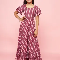Aks Kids Girls Ethnic Motifs Ikat Printed Flared Sleeves Cotton A-Line Dress-image-27