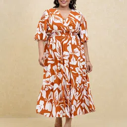20Dresses Plus Size Rust Printed Bell Sleeves Fit and Flare Midi Dress-picture-15