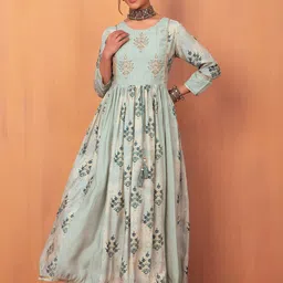 INDYA Ethnic Motifs Printed Pleated Embroidered Pure Cotton Maxi Ethnic Dress-image-62