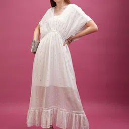 Tokyo Talkies White Self Design V-Neck Extended Sleeve Tie Up Maxi Dress-image-56