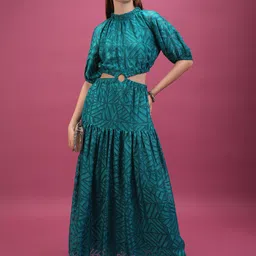 Tokyo Talkies Teal Self Design Cut-Out Maxi Dress-10