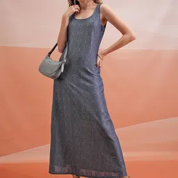 Tokyo Talkies Blue Self Design Round Neck Sleeveless Maxi Dress-image-41