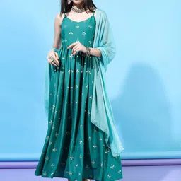 Vishudh Turquoise Blue Maxi Dress With Dupatta-image-28