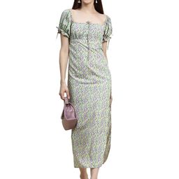 Rujave Floral Print Applique Crepe Midi A-line Dress-image-63