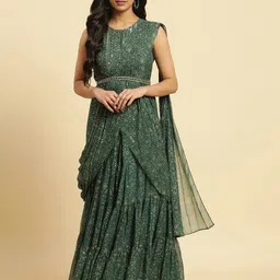 W Ethnic Motifs Printed Sequined Chiffon Tiered Maxi Ethnic Dress With Attached Dupatta image 1
