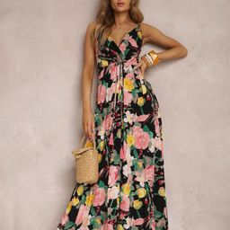 StyleCast Black & Pink Floral Printed Shoulder Straps Maxi Dress-image-34