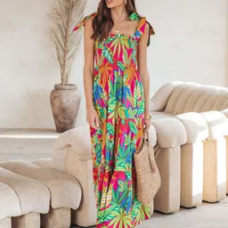 StyleCast Red & Green Floral Printed Square Neck Sleeveless Smocked Detail Maxi Dress-picture-10