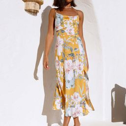 StyleCast Mustard Yellow Floral Printed Shoulder Straps Cotton A-Line Midi Dress-29