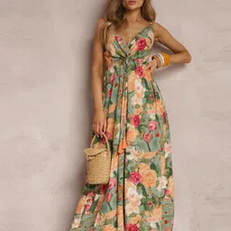 StyleCast Green Floral Printed Shoulder Straps Maxi Dress-picture-40