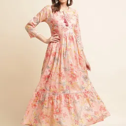 Ishin Pink Floral Printed Round Neck Fit & Flare Cotton Maxi Dress-image-56