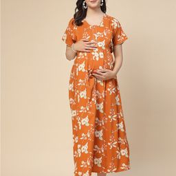 Sweet Dreams Orange Floral Printed Maternity Feeding A-Line Dress-image-4