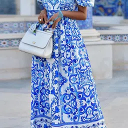 StyleCast x Revolte Blue Floral Printed Off-Shoulder Puff Sleeves Fit and Flare Maxi Dress-image-90