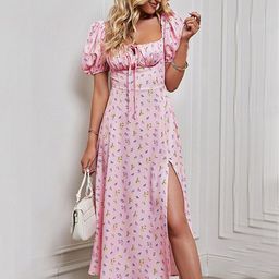 StyleCast x Revolte Pink Floral Printed Puff Sleeves Empire Dress-image-81