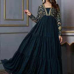 Inddus Floral Embroidered Square Neck Fit & Flare Ethnic Maxi Dress-picture-22
