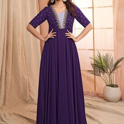 Inddus Floral Embroidered V-Neck Georgette Maxi Ethnic Motifs Dress-image-76