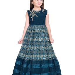 BETTY Girls Blue & Gold-Toned Floral Embroidered Chiffon Maxi Dress-image-43