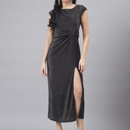 Latin Quarters Embellished Cap Sleeves Pleated Slit Midi Dress-image-57