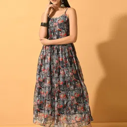 Myshka Floral Printed Shoulder Strap Neck Pleated Maxi Dress-12