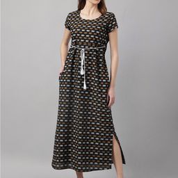 DECKEDUP Round Neck Ethnic Motifs Printed Cotton Maxi Dress With Belt-18