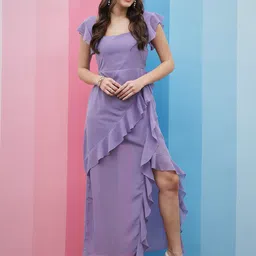 Athena Lavender Square Neck Flutter Sleeves Ruffled Detailed Maxi Dress-13