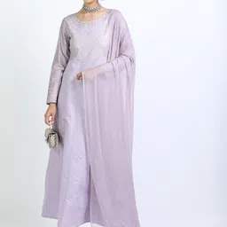Vishudh Women Mauve Ethnic Motifs Printed A-Line Kurta With Dupatta-38