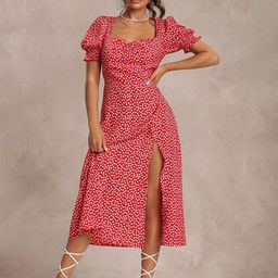 StyleCast Red Polka Dots Printed Sweetheart Neck A-Line Midi Dress-image-21